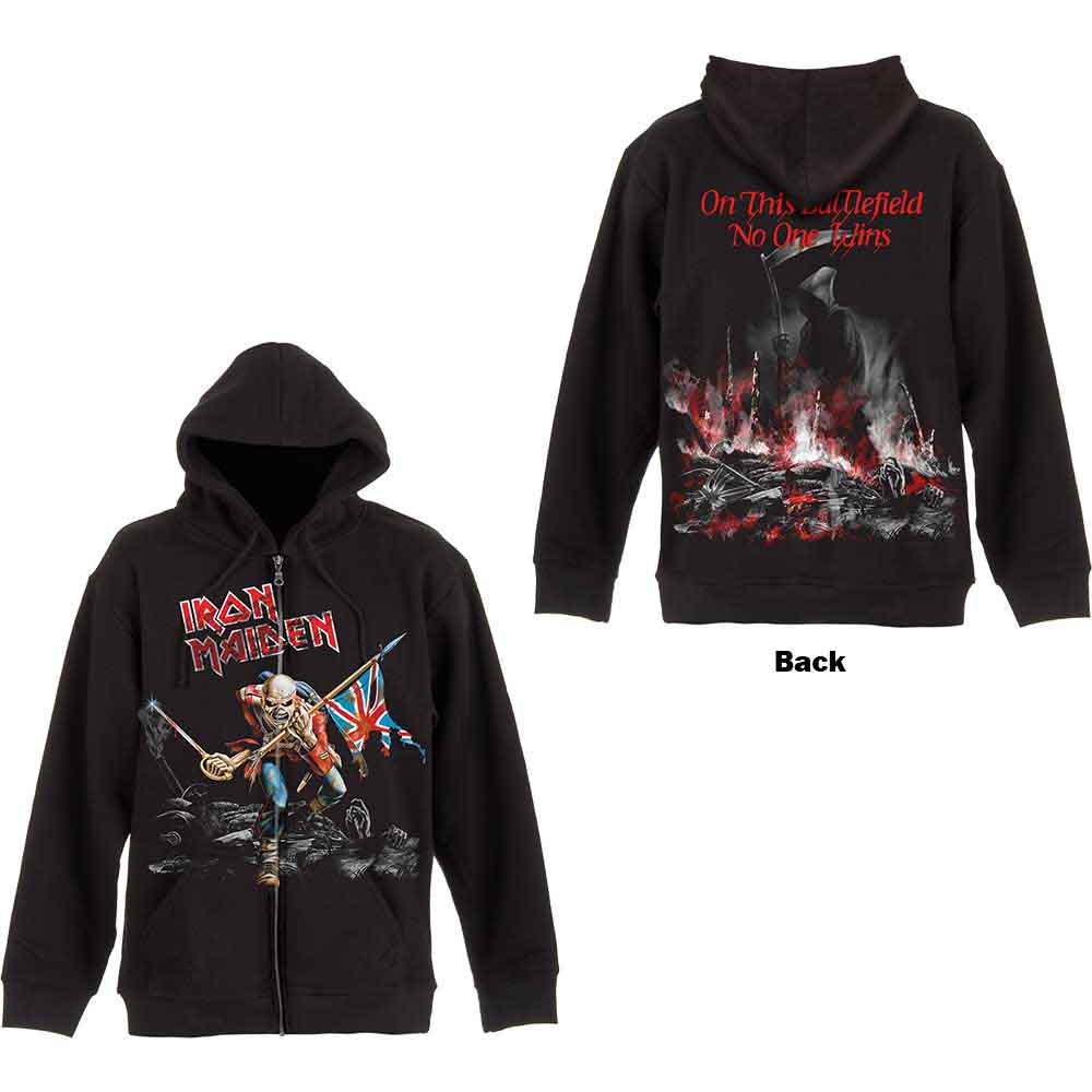 Iron Maiden Unisex Zipped Hoodie: Scuffed Trooper (Black) (Back Print)