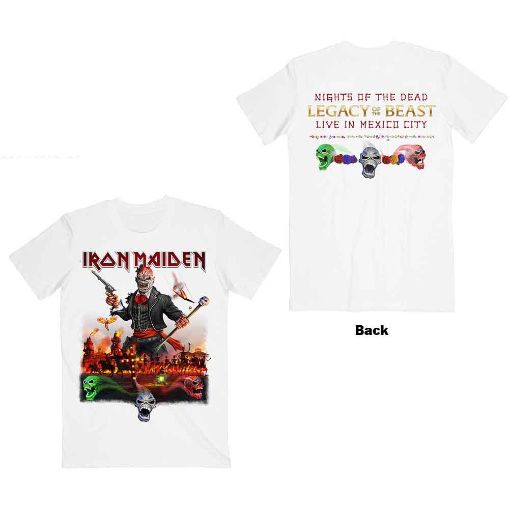 Iron Maiden Unisex T-Shirt: Legacy of the Beast Live In Mexico City (White) (Back Print)