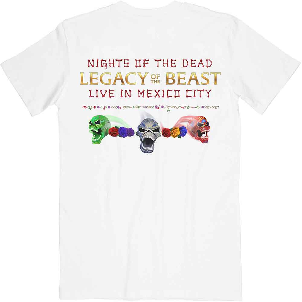 Iron Maiden Unisex T-Shirt: Legacy of the Beast Live In Mexico City (White) (Back Print)