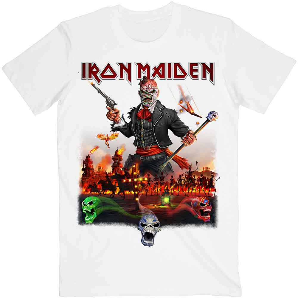 Iron Maiden Unisex T-Shirt: Legacy of the Beast Live In Mexico City (White) (Back Print)