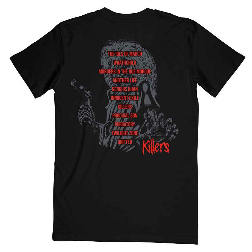Iron Maiden Unisex T-Shirt: Killers V.2. Album Track list (Black) (Back Print)