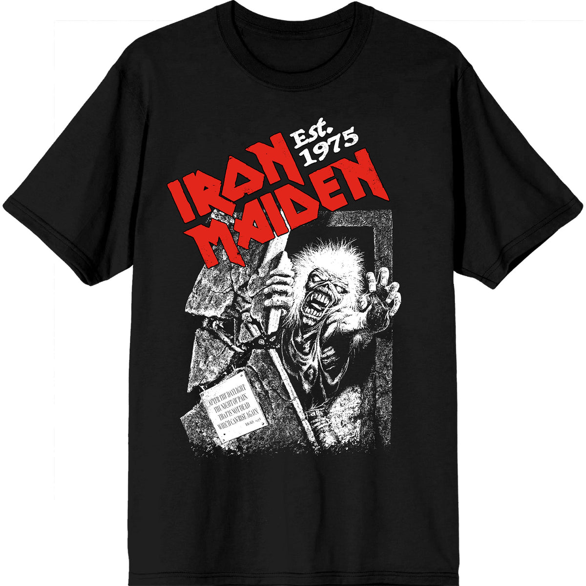 Iron Maiden Unisex T-Shirt: Est. 1975 No Prayer Grave Red Logo (Black)