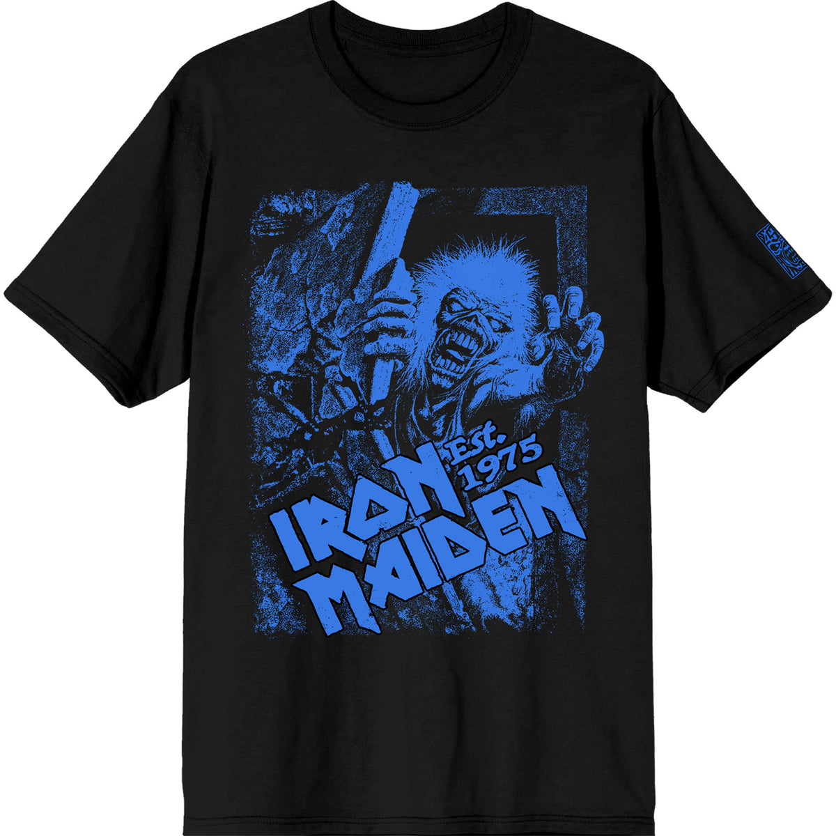Iron Maiden Unisex T-Shirt: Est. 1975 No Prayer Grave Blue (Black) (Sleeve Print)