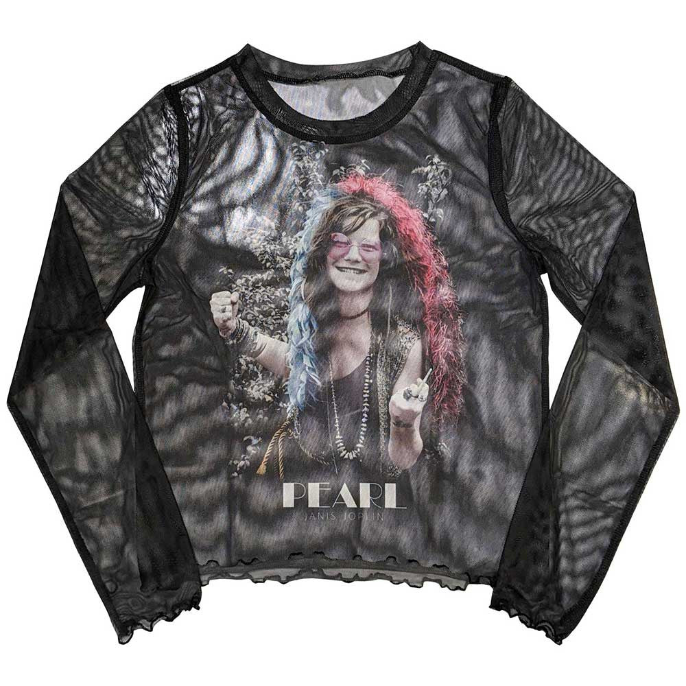 Janis Joplin Ladies Long Sleeve Crop Top: Pearl Garden (Black) (Mesh)