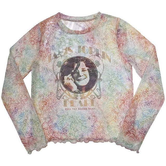 Janis Joplin: Pearl Ladies Long Sleeve Mesh Crop Top (White)