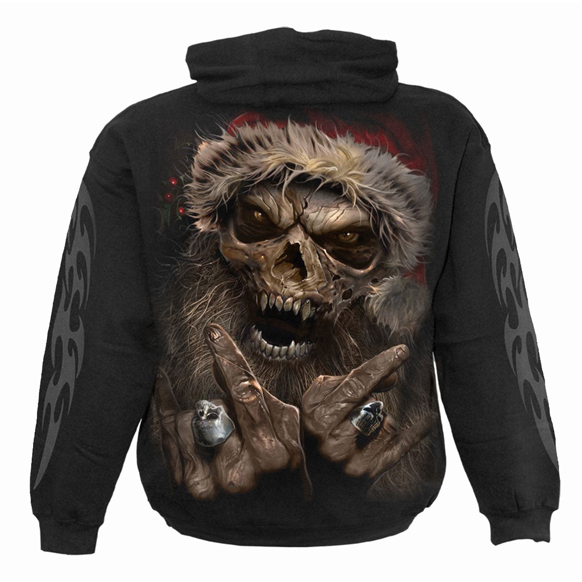 Spiral Unisex Pullover Hoodie: Rock Santa (Black) (Back & Sleeve Print)
