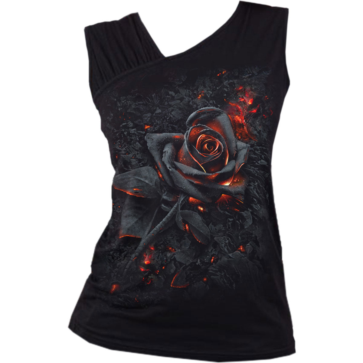 Spiral Ladies Gathered Shoulder Slant Vest T-Shirt: Burnt Rose (Black)