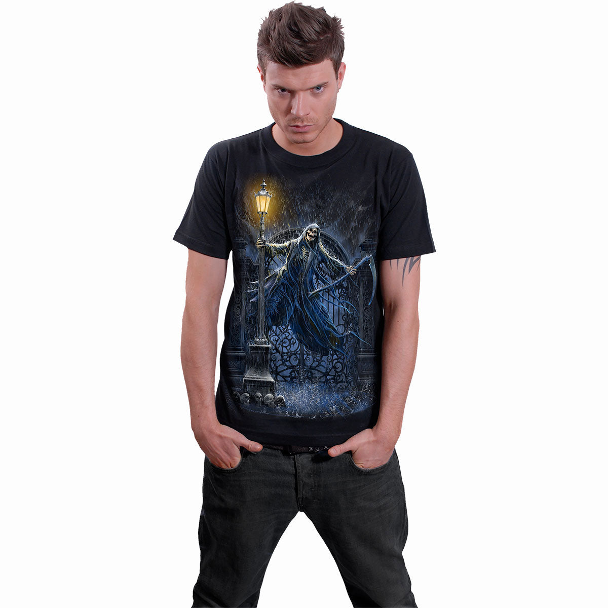Spiral Unisex T-Shirt: Reaping In The Rain (Black) (Back Print)