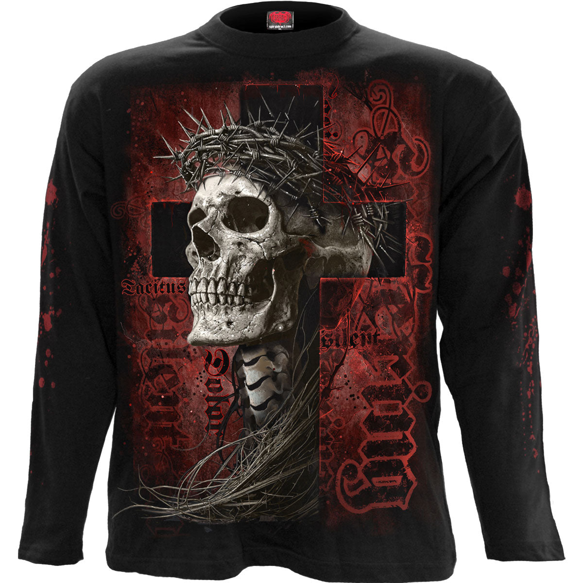 Spiral Unisex Long Sleeve T-Shirt: Silent Suffering (Black) (Back & Sleeve Print)