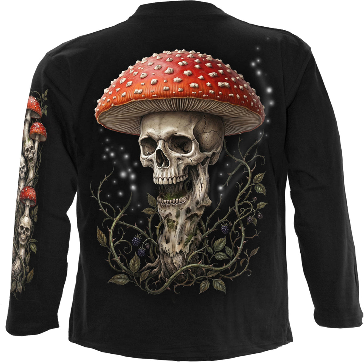 Spiral Unisex Long Sleeve T-Shirt: Shrooms (Black) (Back & Sleeve Print)