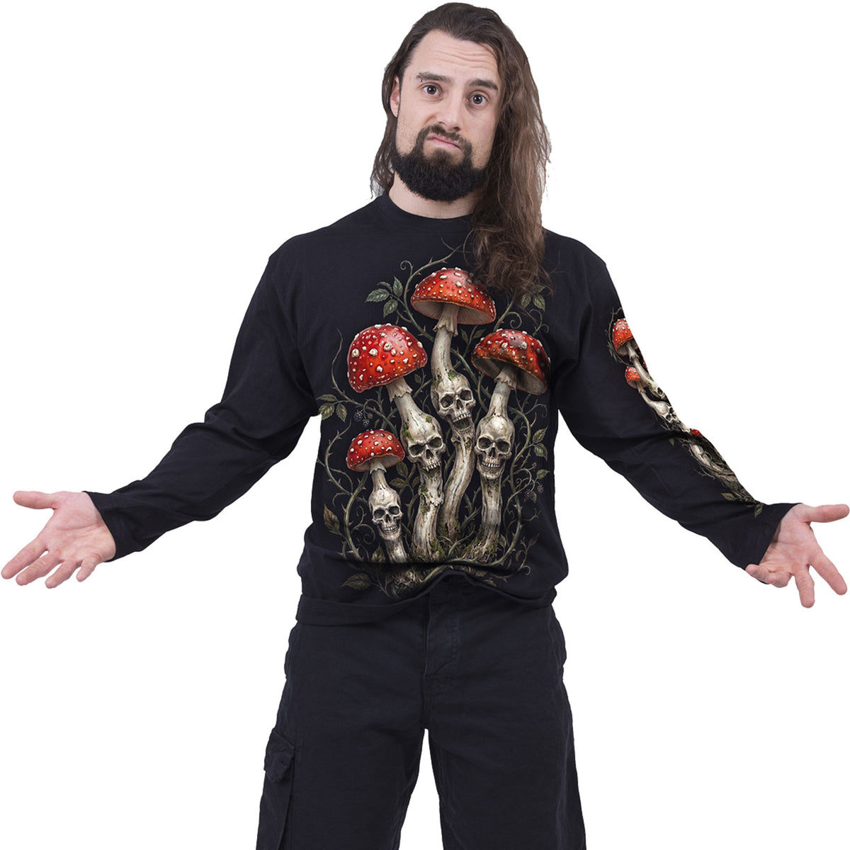 Spiral Unisex Long Sleeve T-Shirt: Shrooms (Black) (Back & Sleeve Print)