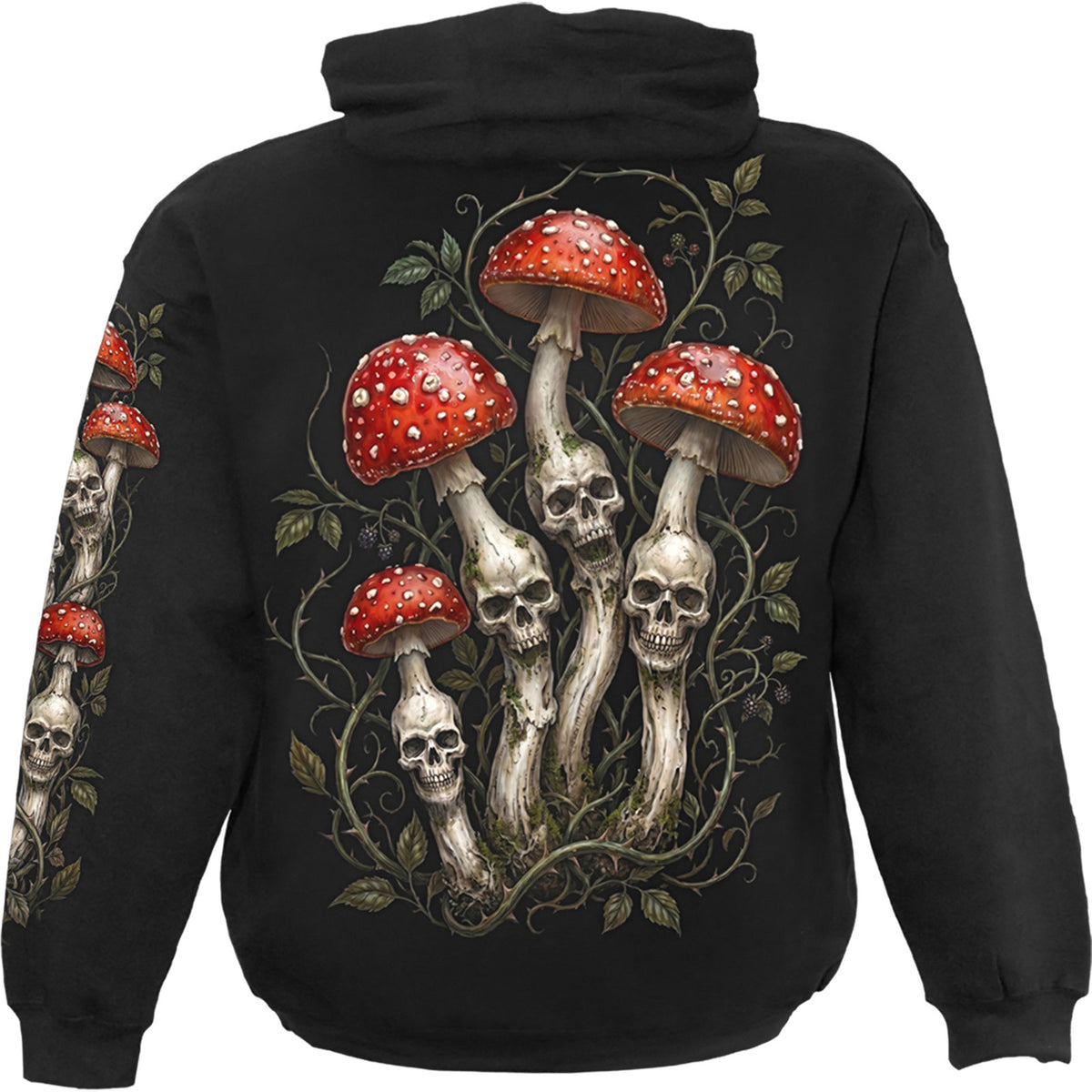 Spiral Unisex Pullover Hoodie: Shrooms (Black) (Back & Sleeve Print)