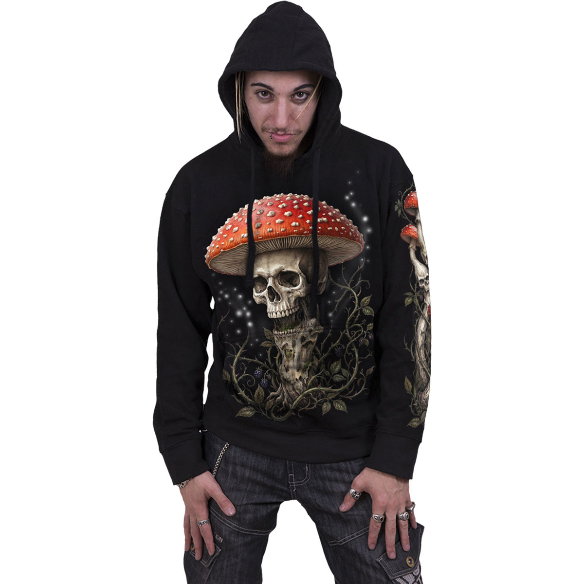 Spiral Unisex Pullover Hoodie: Shrooms (Black) (Back & Sleeve Print)