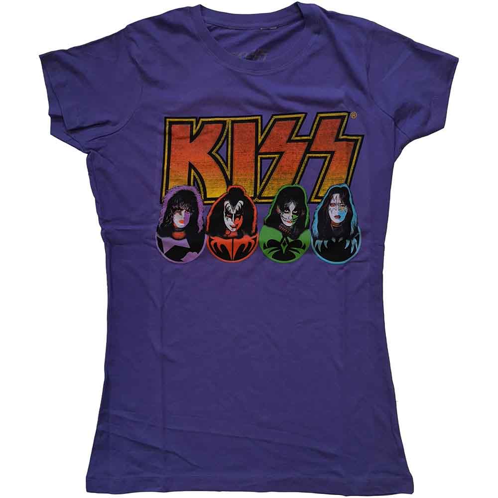 KISS Ladies T-Shirt: Logo, Faces & Icons (Purple)