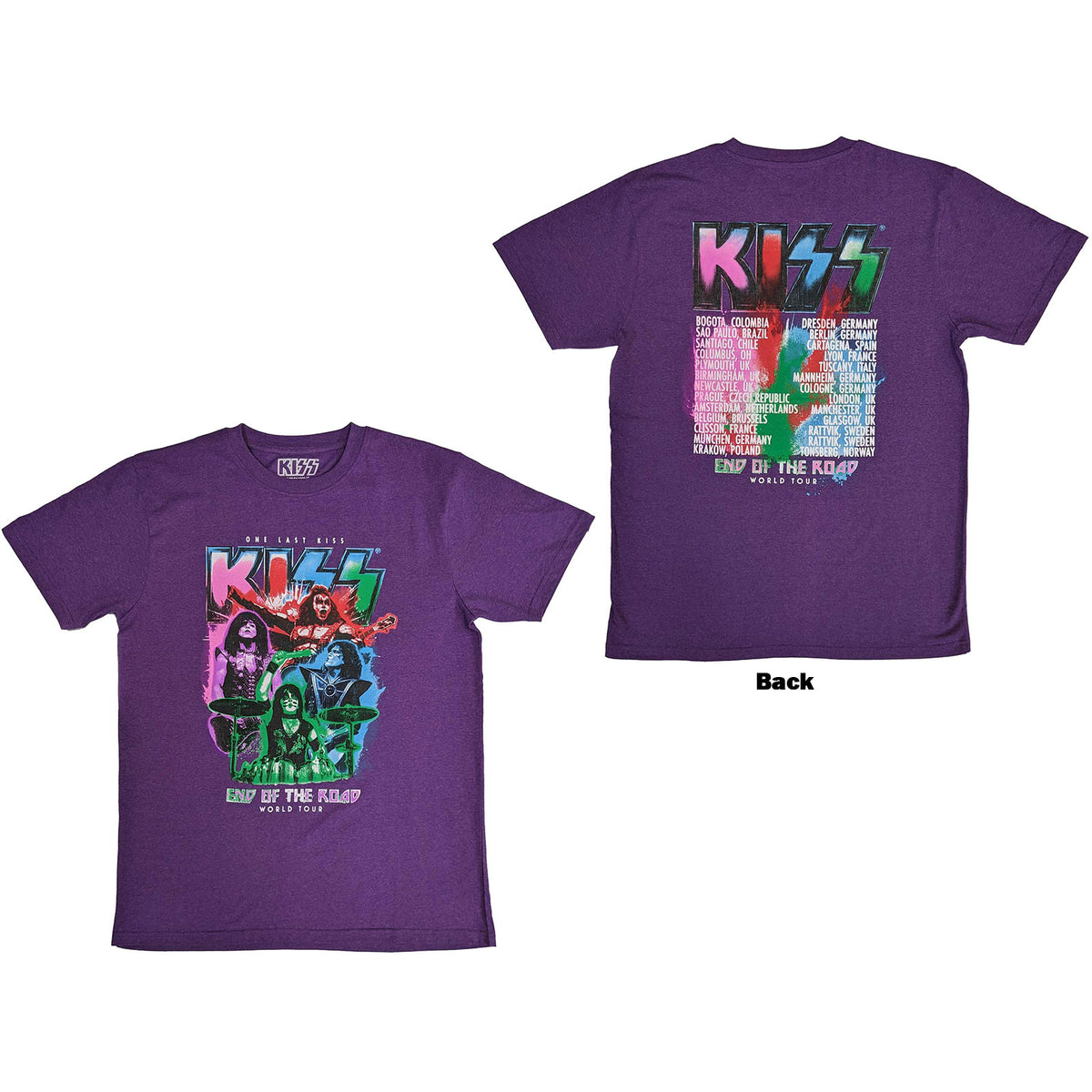 KISS Unisex T-Shirt: End Of The Road Colour Pop (Purple) (Back Print)