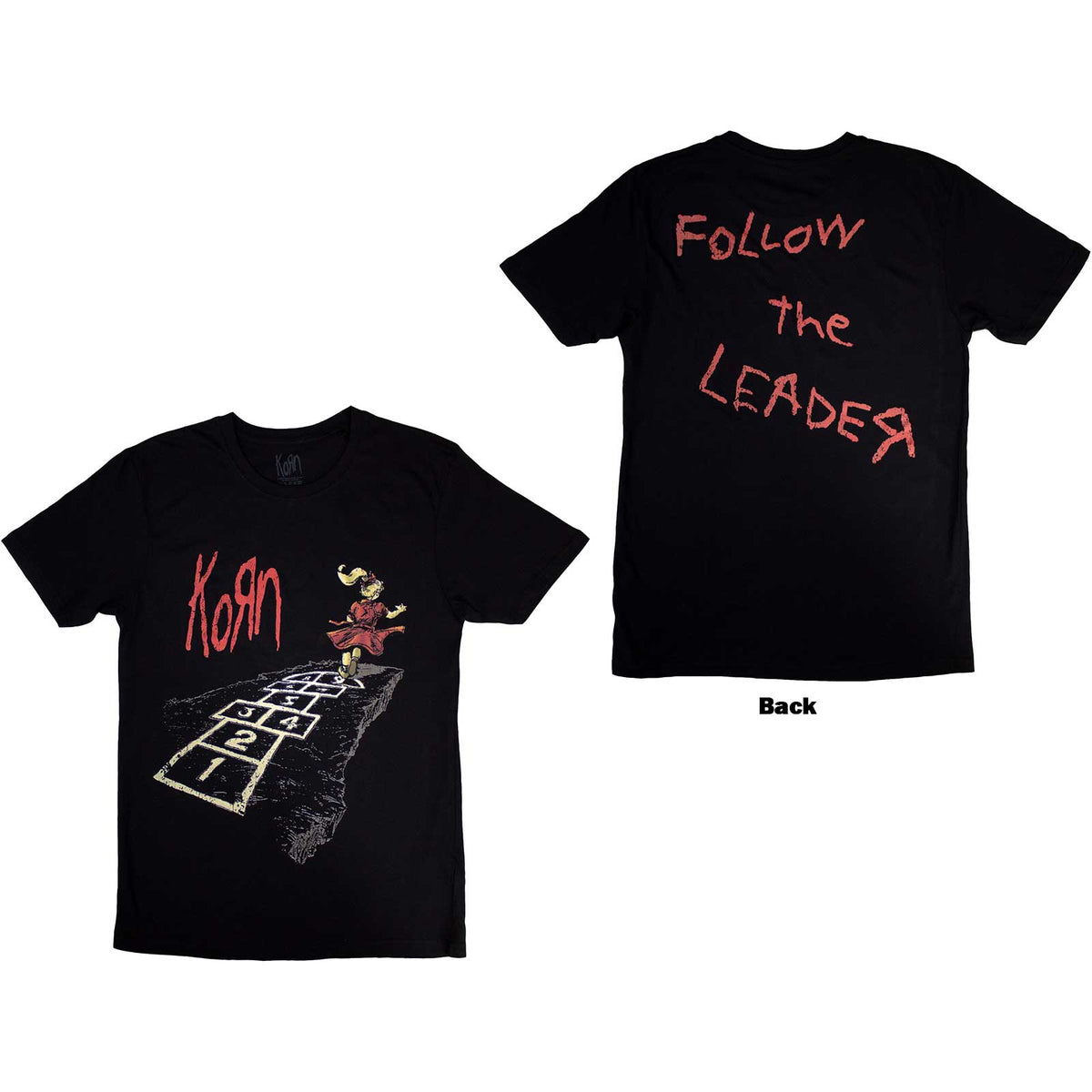 Korn Unisex T-Shirt: Follow The Leader Hopscotch (Black) (Back Print)