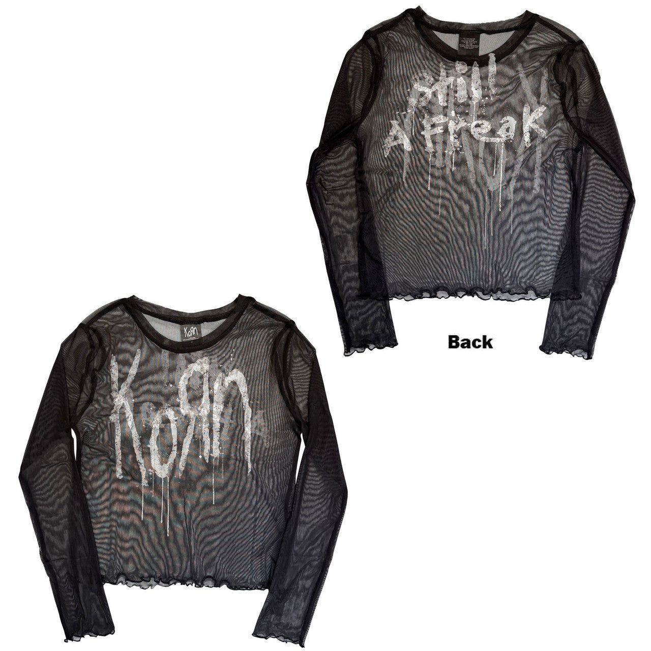 Korn: Still A Freak Ladies Long Sleeve Mesh Crop Top (Black) (Front & Back)