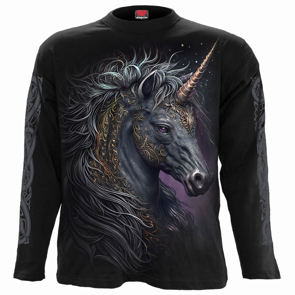 Spiral Unisex Long Sleeve T-Shirt: Celtic Unicorn (Black) (Back & Sleeve Print)