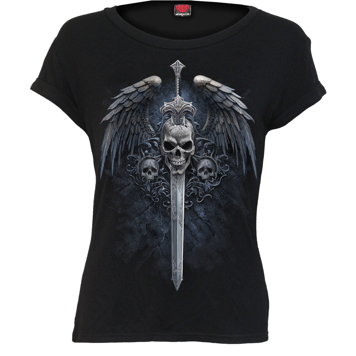 Spiral Ladies Boatneck Bat Sleeve Top: Angel Sword (Black)