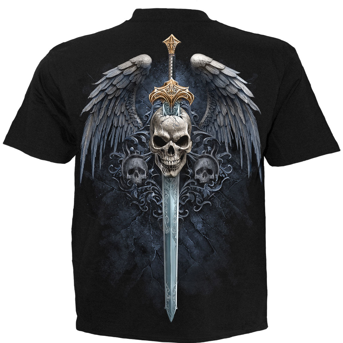 Spiral Unisex T-Shirt: Angel Sword (Black) (Back Print)