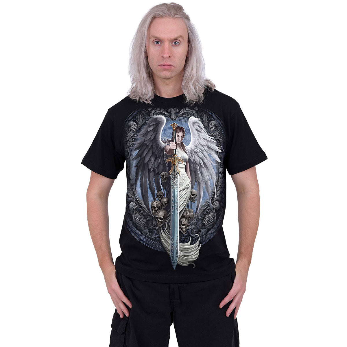 Spiral Unisex T-Shirt: Angel Sword (Black) (Back Print)