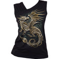 Spiral Ladies Gathered Shoulder Slant Vest T-Shirt: Celtic Dragon (Black)