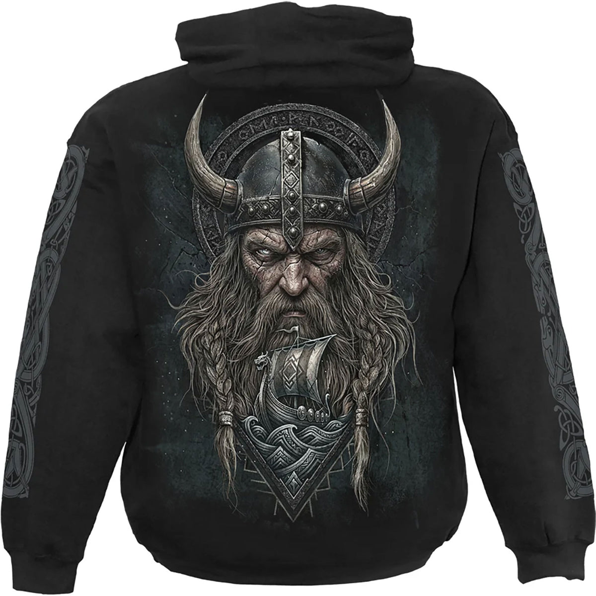 Spiral Unisex Pullover Hoodie: Viking Norseman (Black) (Back & Sleeve Print)