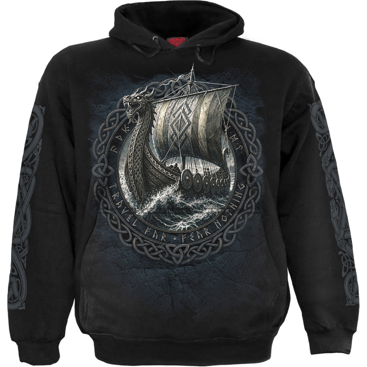 Spiral Unisex Pullover Hoodie: Viking Norseman (Black) (Back & Sleeve Print)
