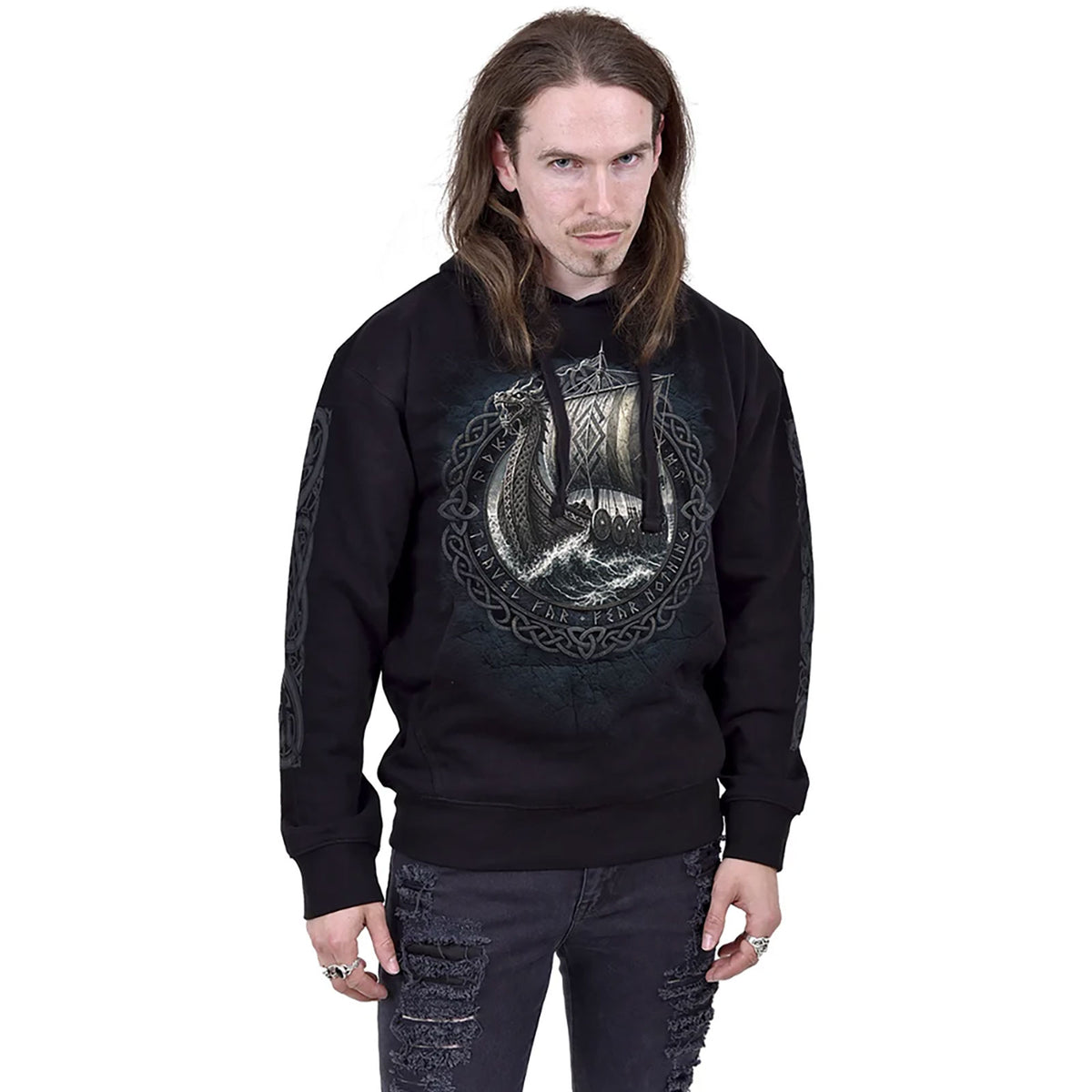 Spiral Unisex Pullover Hoodie: Viking Norseman (Black) (Back & Sleeve Print)