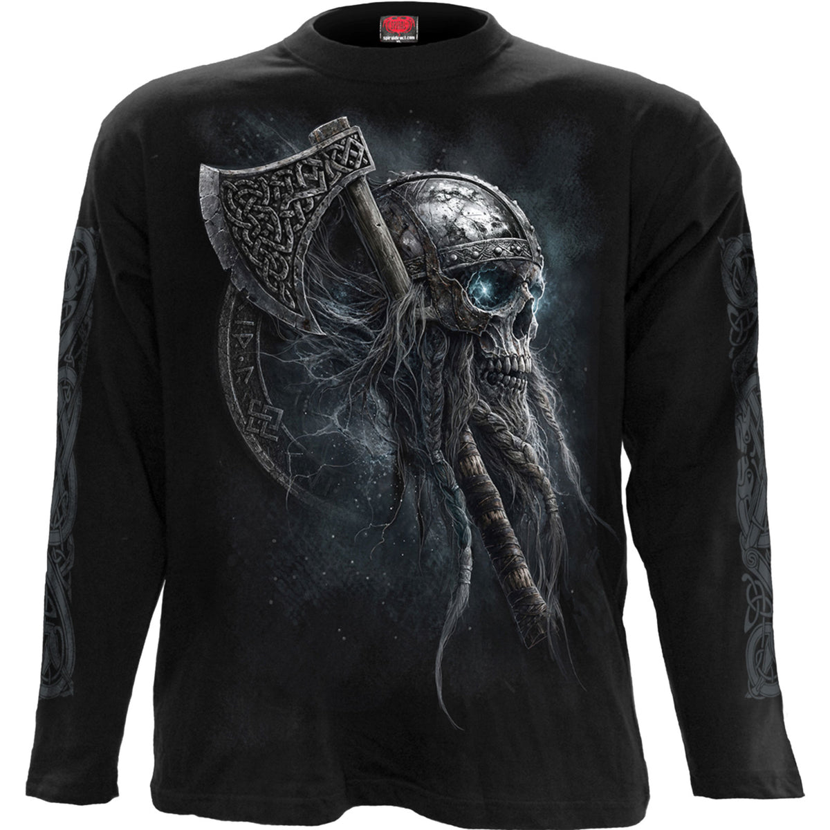 Spiral Unisex Long Sleeve T-Shirt: Viking Rampage (Black) (Back & Sleeve Print)