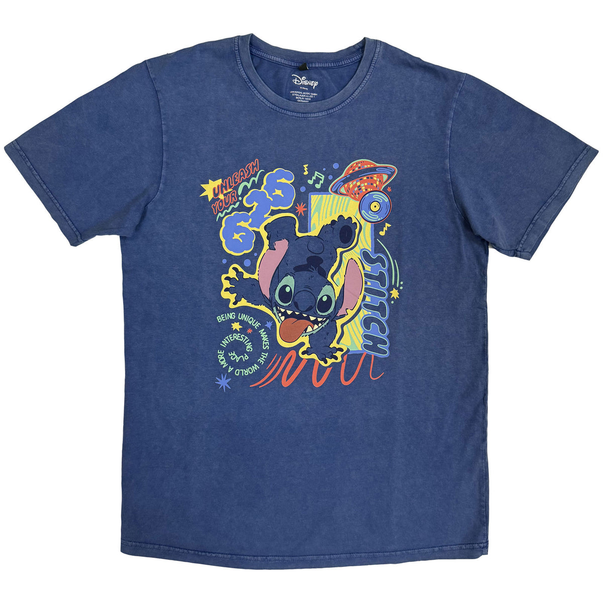 Disney Unisex Stone Wash T-Shirt: Lilo & Stitch 626 Handstand (Denim Blue)