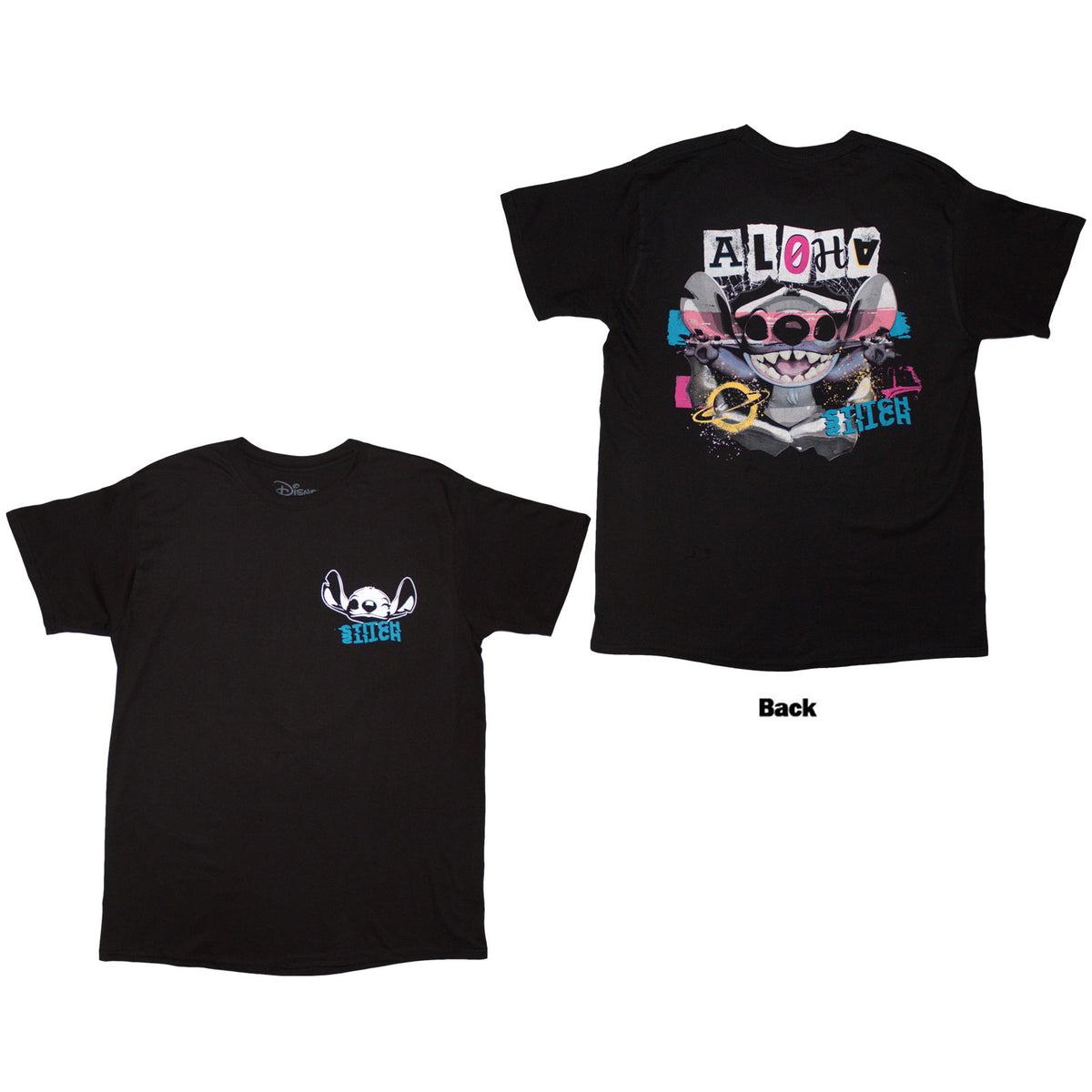 Disney Unisex T-Shirt: Stitch Aloha Collage (Black) (Back Print)