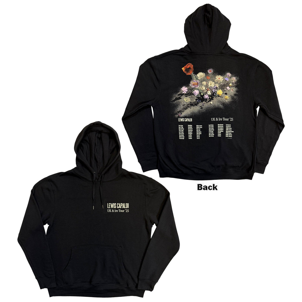 Lewis Capaldi Unisex Pullover Hoodie: Flowers UK Tour '25 (Black) (Back Print) (Ex-Tour)