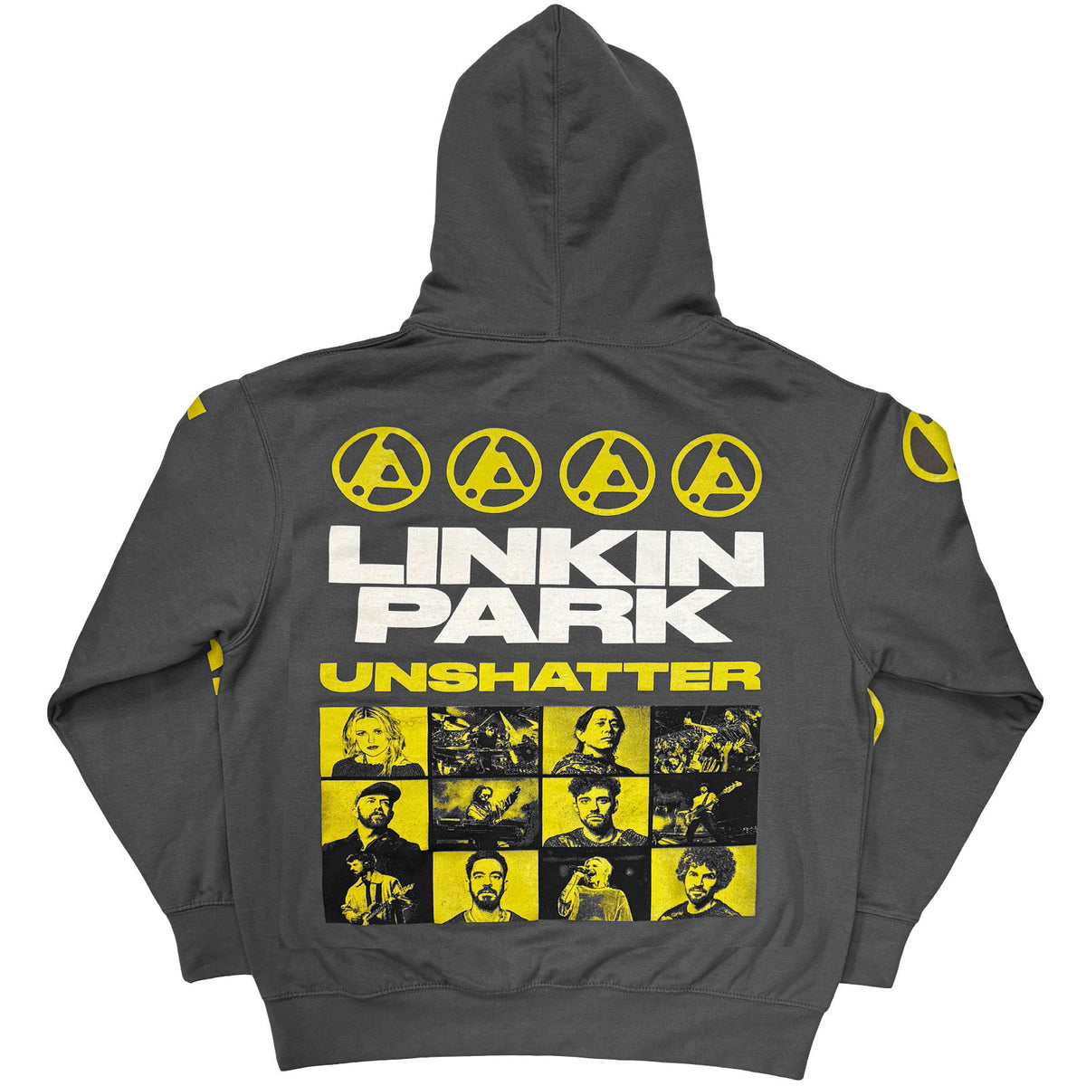 Linkin Park Unisex Pullover Hoodie: Unshatter (Charcoal Grey) (Back Print & Sleeve Print)