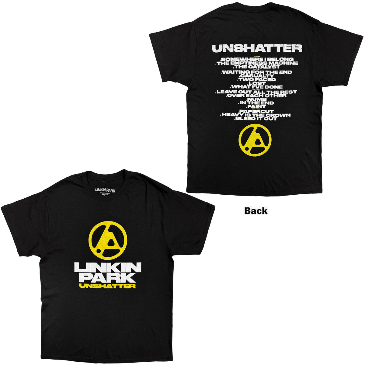 Linkin Park Unisex T-Shirt: Unshatter Tracklist (Black) (Back Print)
