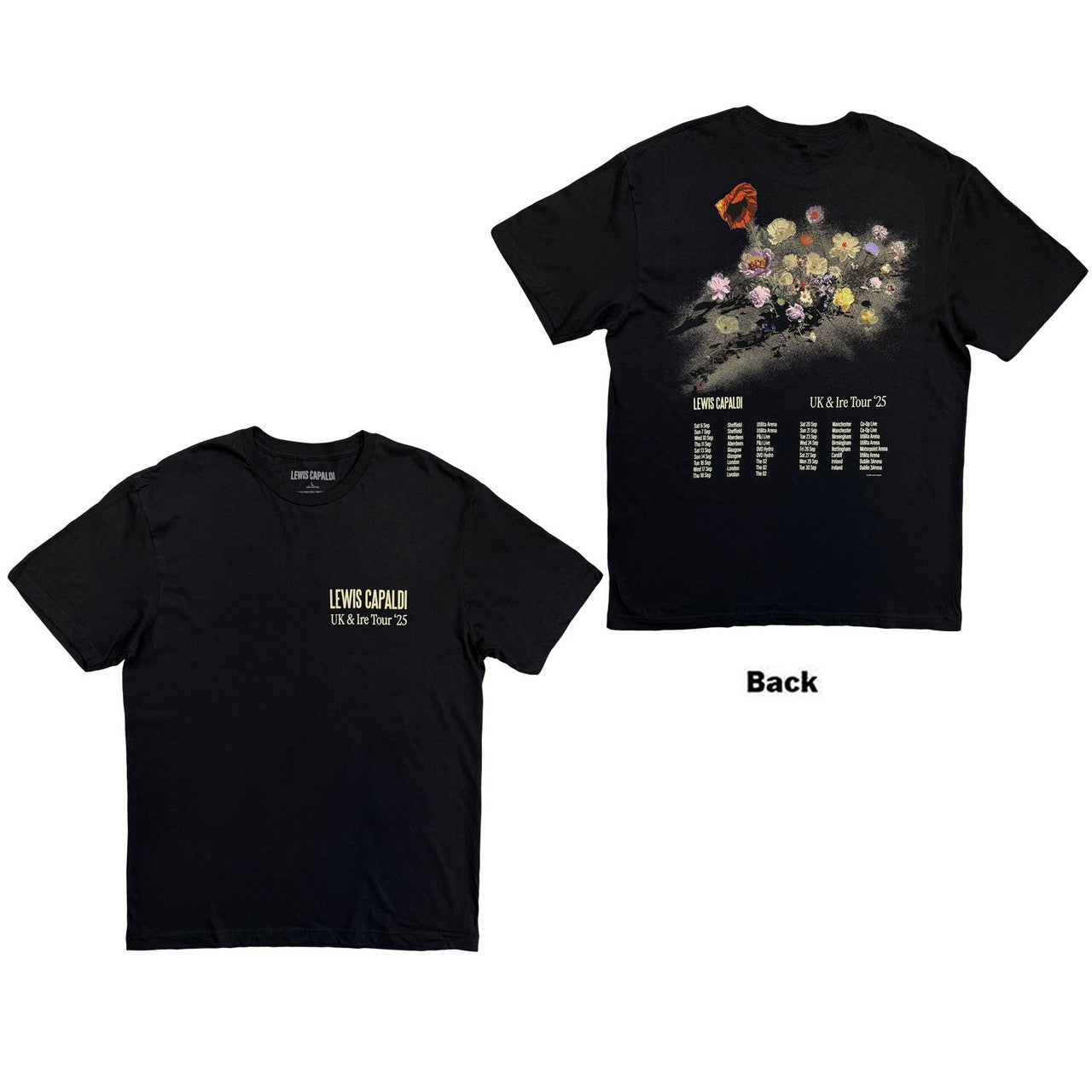 Lewis Capaldi Unisex T-Shirt Flowers UK Tour '25 (Black) (Back Print) (Ex-Tour)