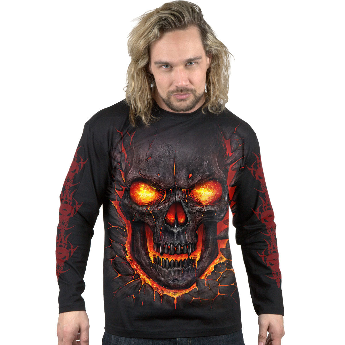 Spiral Unisex Long Sleeve T-Shirt: Skull Lava (Black) (Back & Sleeve Print)
