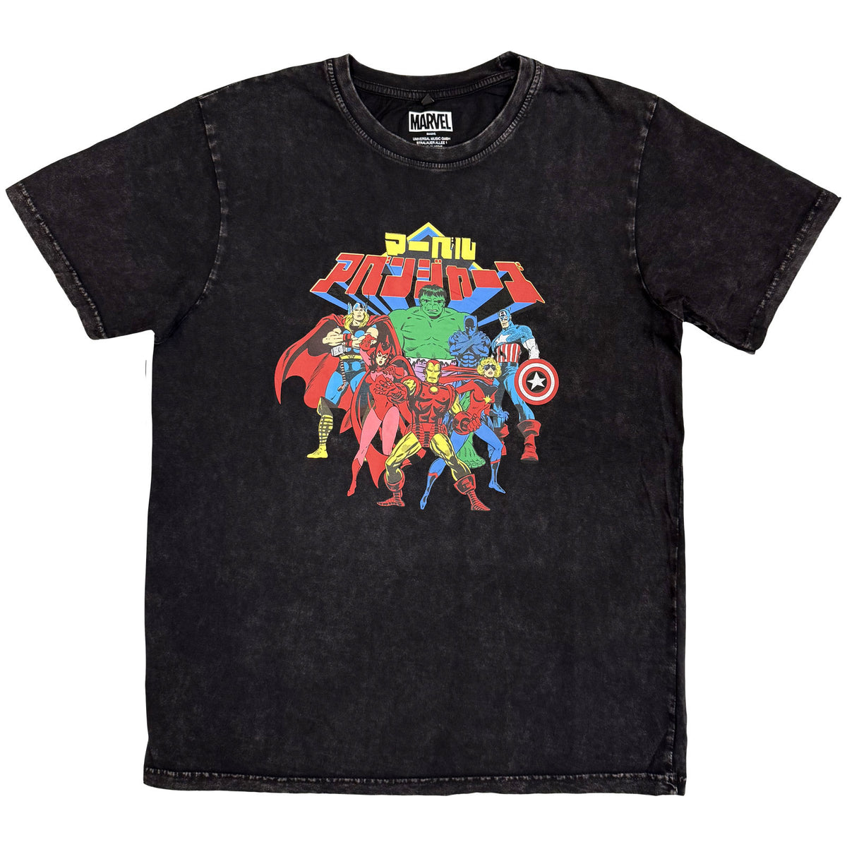 Marvel Comics Unisex Stone Wash T-Shirt: Avengers Japanese (Black)