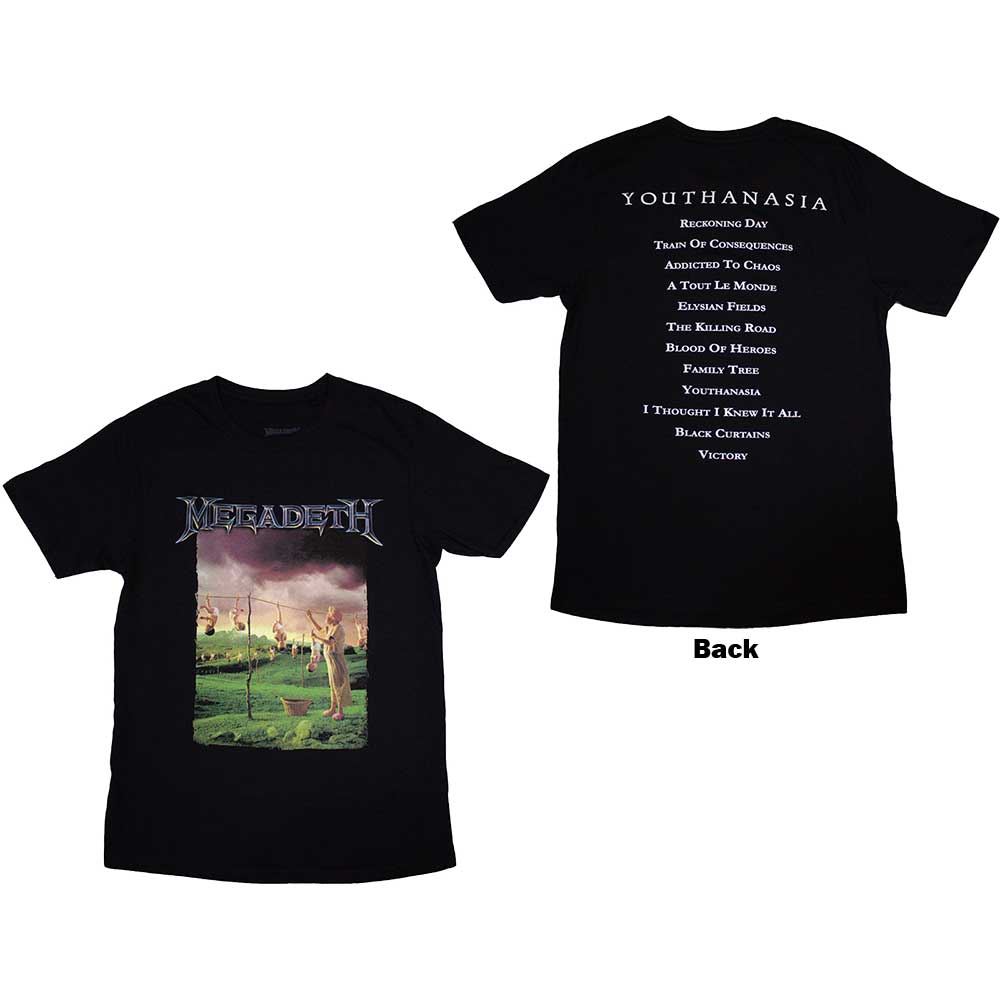 Megadeth Unisex T-Shirt: Youthanasia Tracklist (Black) (Back Print)