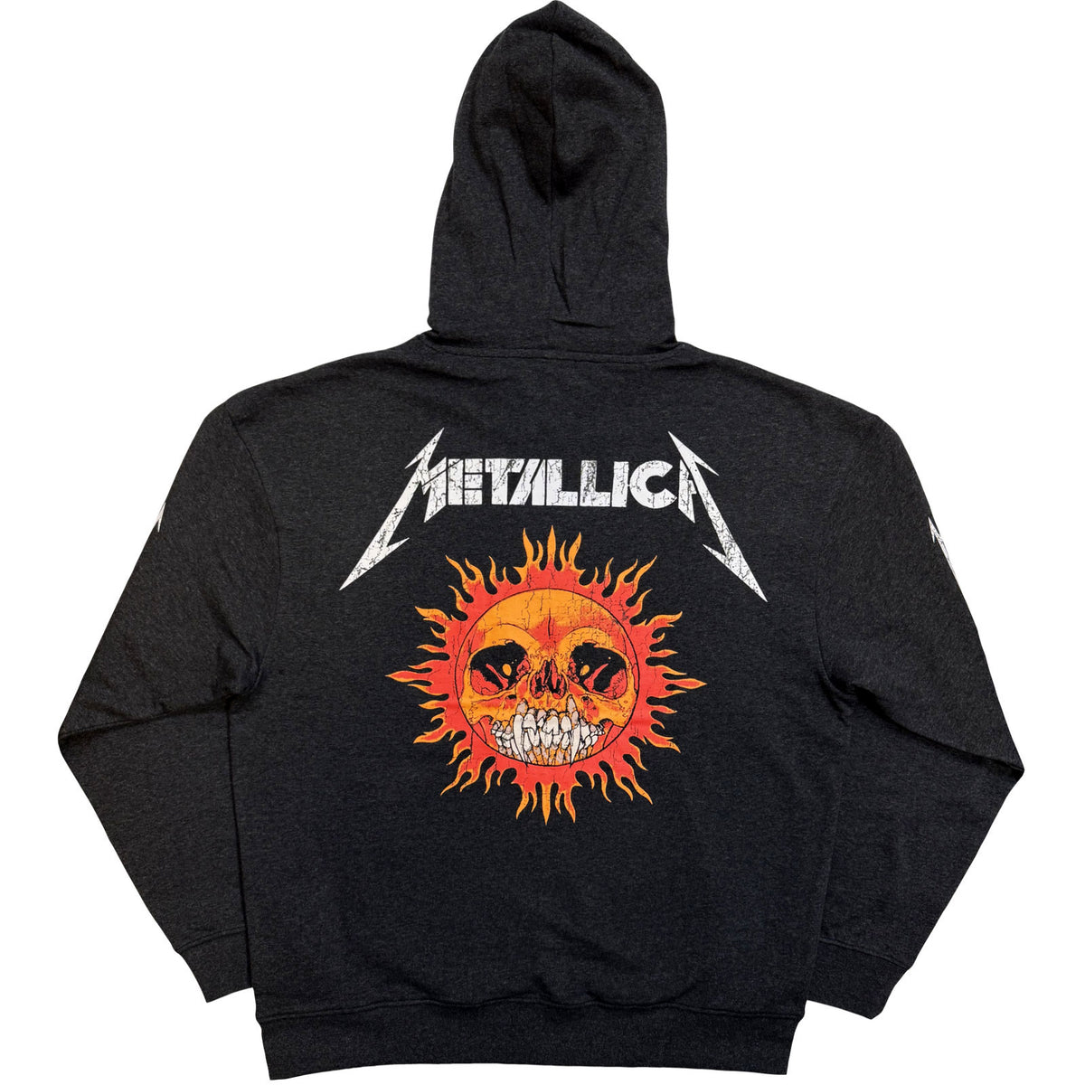 Metallica Unisex Pullover Hoodie: Worn Pushead Flaming Skull (Charcoal Grey) (Back Print)