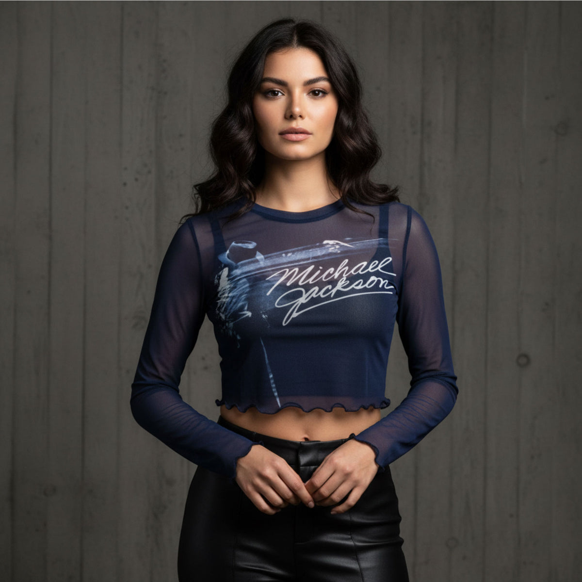 Michael Jackson Ladies Long Sleeve Mesh Crop Top: Blurred (Blue)