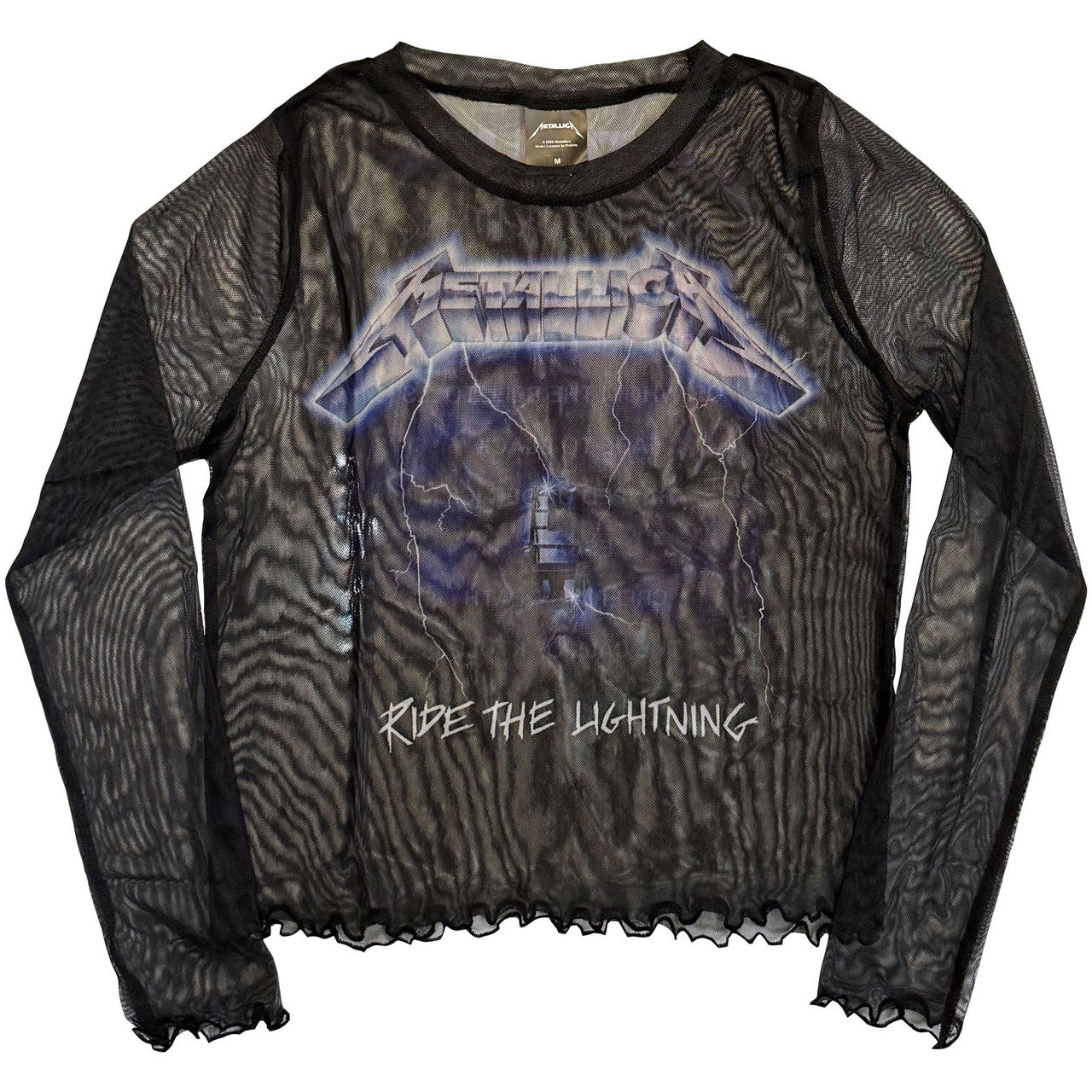 Metallica: Ride The Lightning Ladies Long Sleeve Mesh Crop Top (Black) (Back Print)