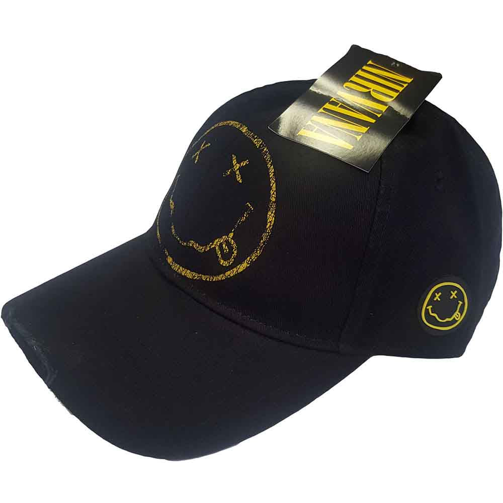 Nirvana Unisex Baseball Cap: Happy Face (Black) (Distressed)