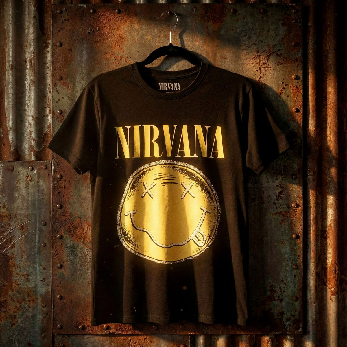 Nirvana Unisex Premium Carbon T-Shirt: Happy Face Infill Distressed (Black)