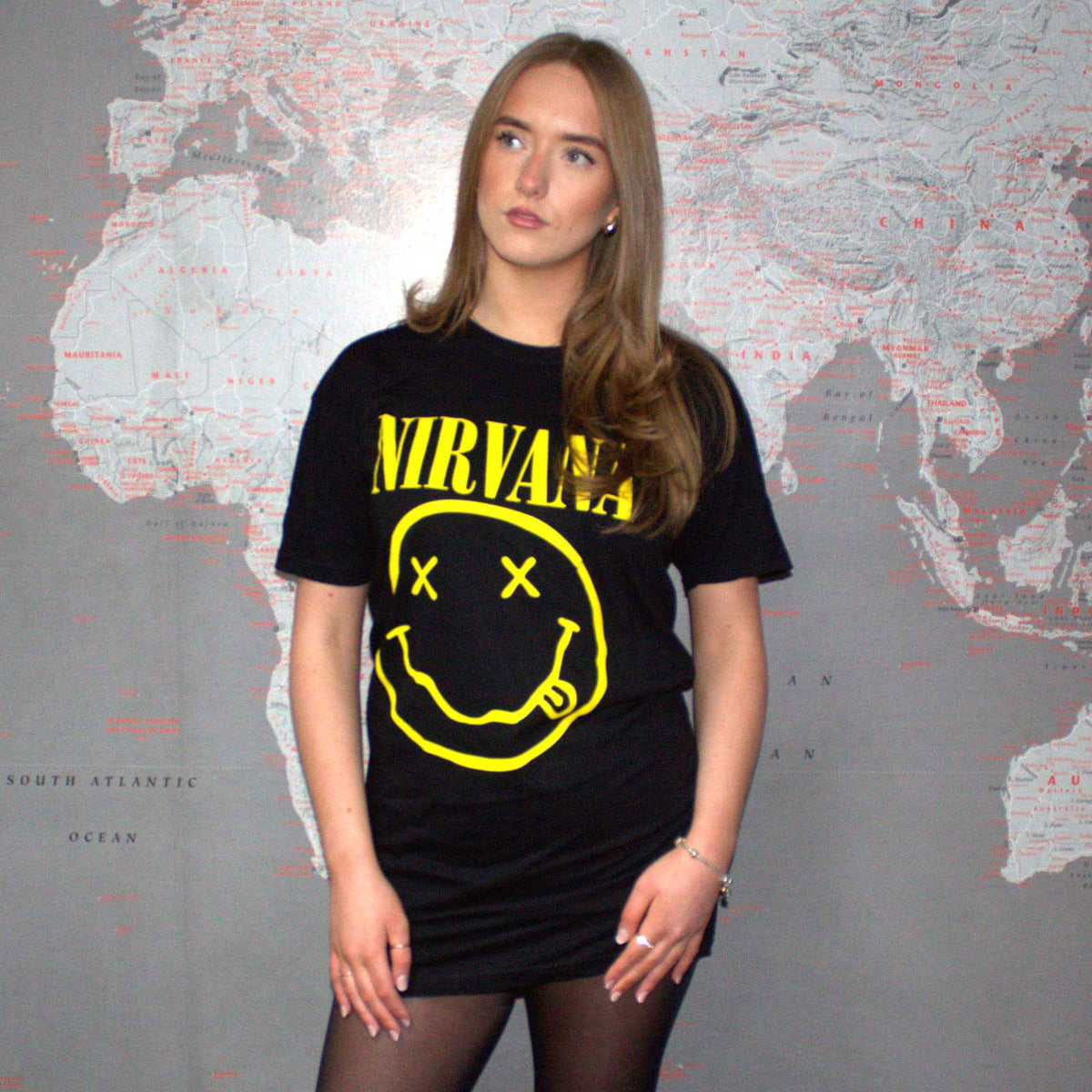 Nirvana Ladies T-Shirt Dress: Yellow Happy Face (Black)