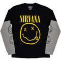 Nirvana Unisex 2 In 1 Layered Long Sleeve T-Shirt: Yellow Happy Face (Black & Grey) (Sleeve Print)