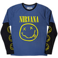Nirvana Unisex 2 In 1 Layered Long Sleeve T-Shirt: Yellow Happy Face (Denim Blue & Black) (Sleeve Print)