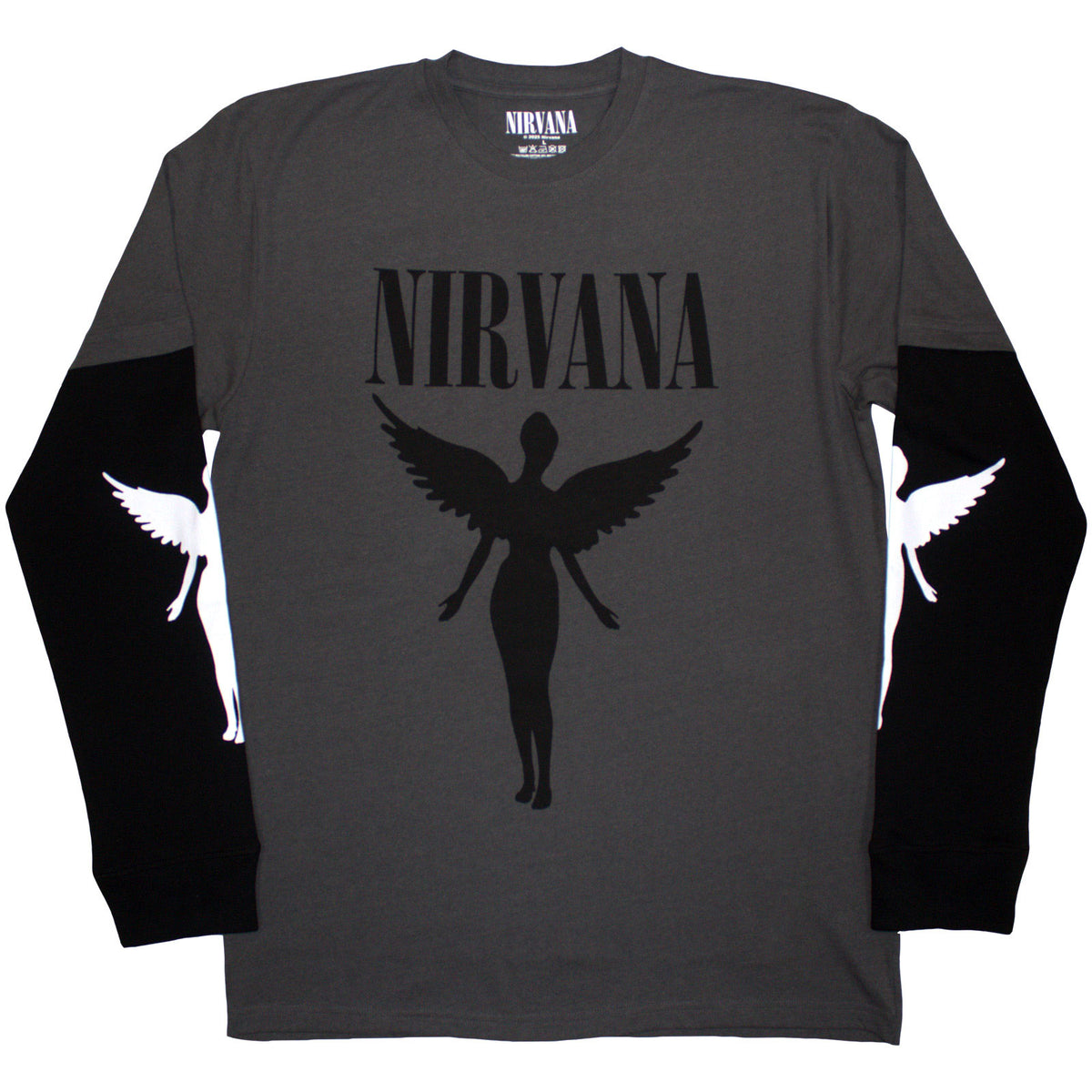 Nirvana Unisex 2 In 1 Layered Long Sleeve T-Shirt: In Utero Mono (Charcoal Grey & Black) (Sleeve Print)