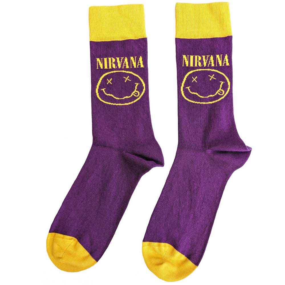 Nirvana Unisex Ankle Socks: Yellow Happy Face (Purple) (UK Size 7 - 11)