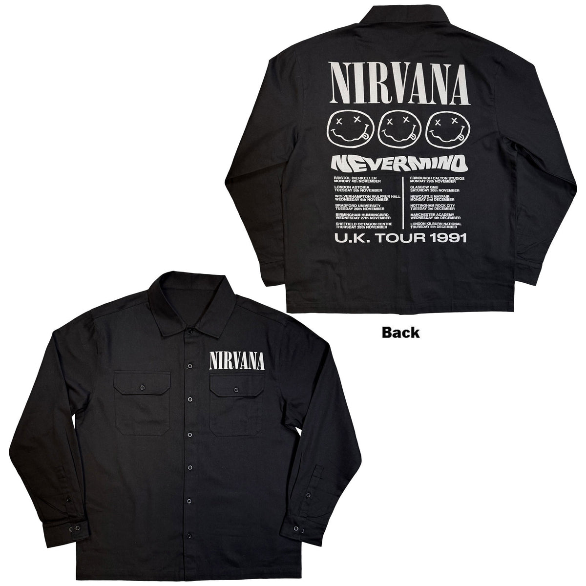 Nirvana Unisex Casual Shirt: Nevermind UK Tour '91 (Black) (Back Print)